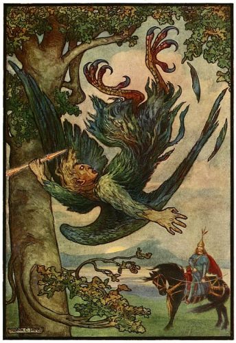 3_Nightingale_the_Robber_fell_from_his_nest_in_the_old_oaks_-_Russian_Fairy_Book_1916,_illustrator_Frank_C_Pape